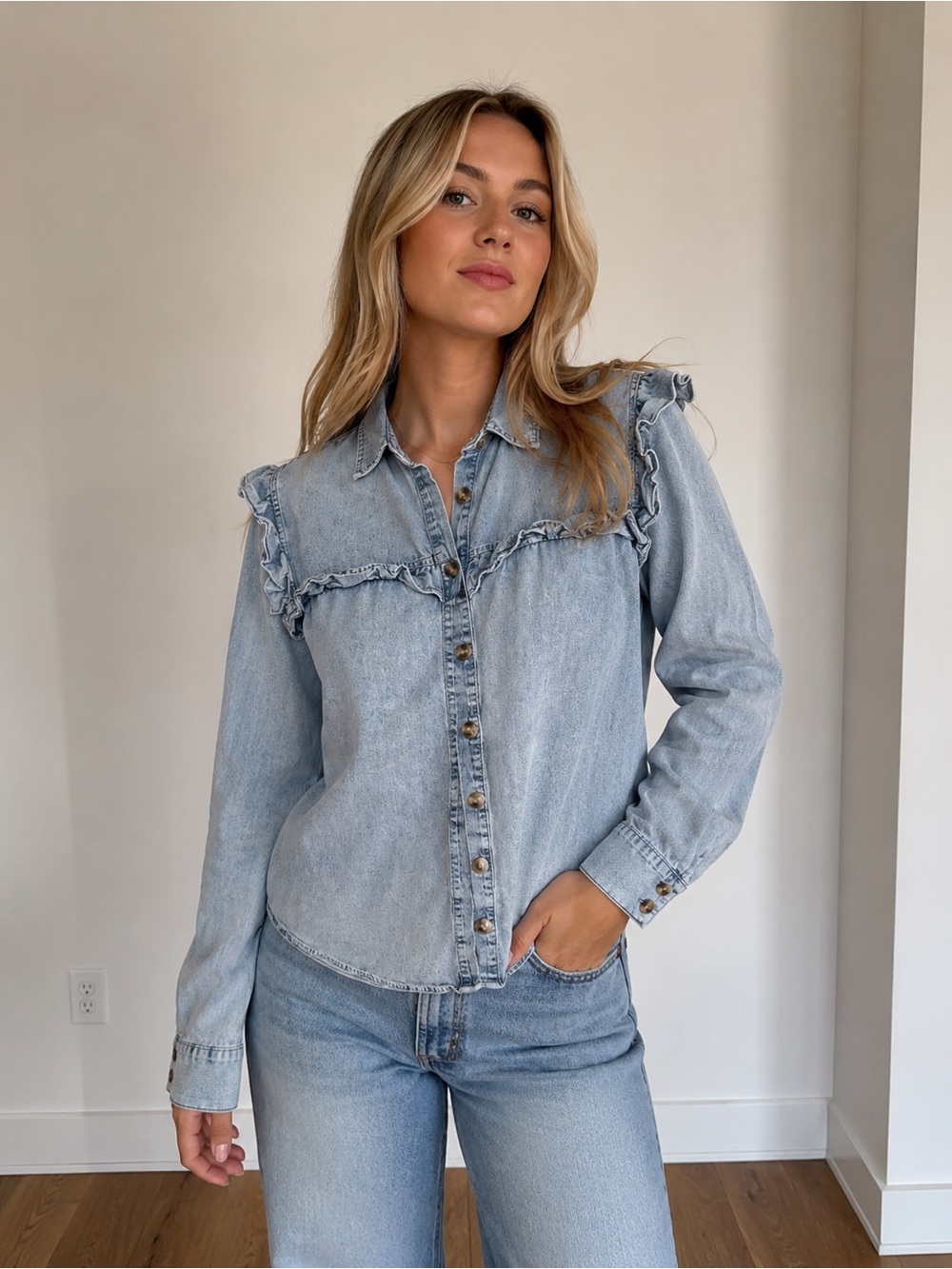 Light Blue Denim Ruffle Button-Up Shirt Size M boho coastal
